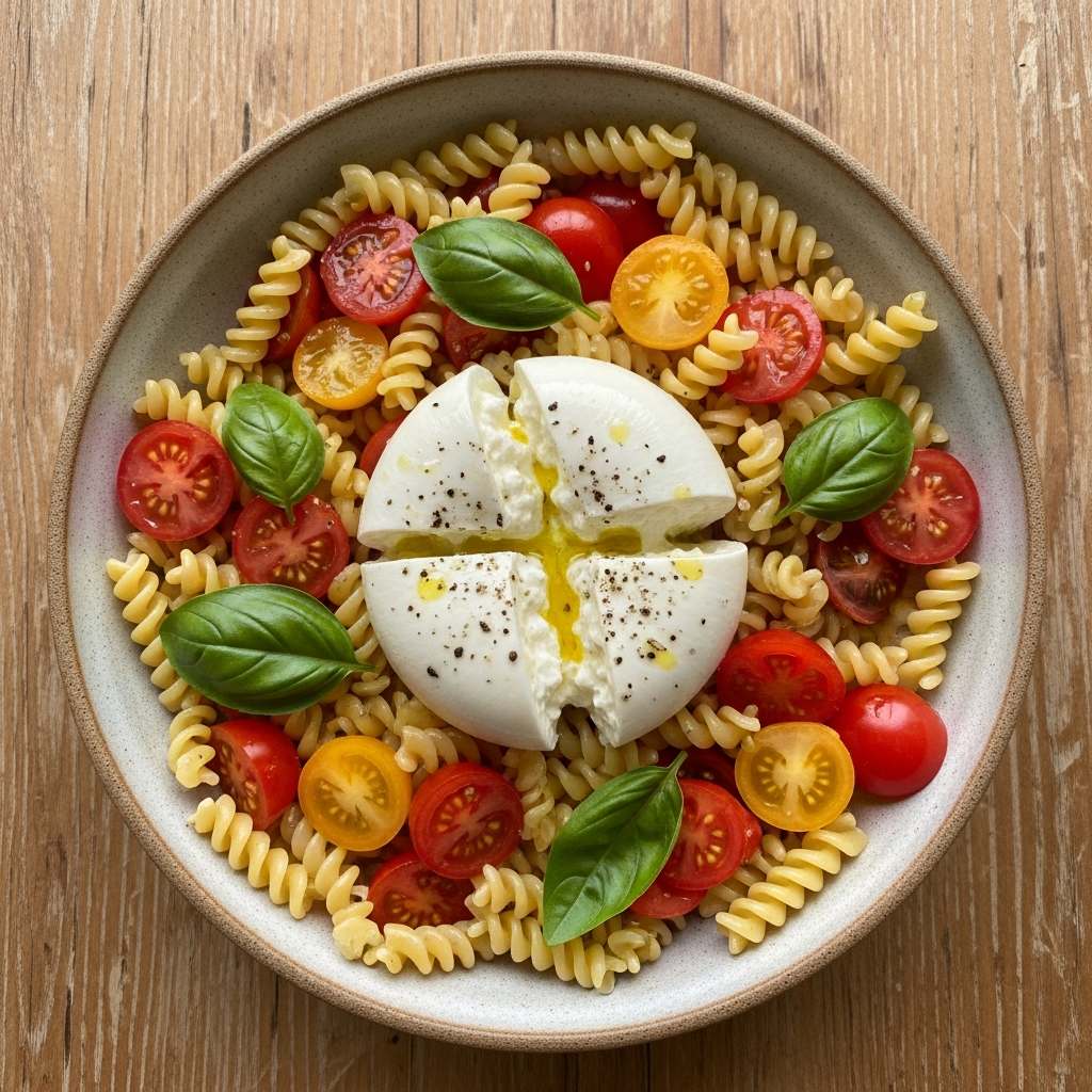 Cremiger Nudelsalat mit Burrata, bunten Kirschtomaten und frischem Basilikum