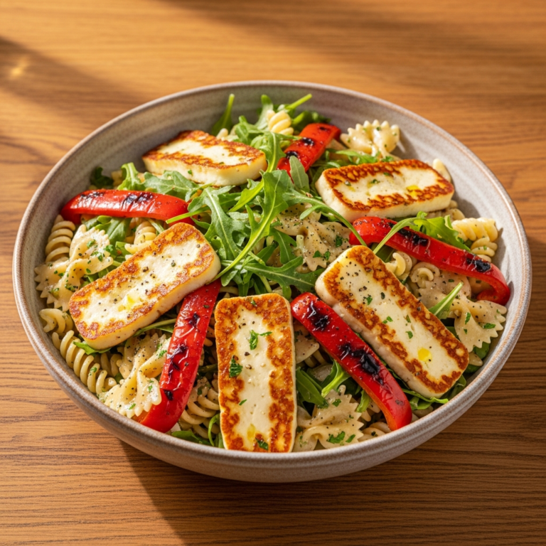 Nudelsalat mit gegrillter Paprika und Halloumi