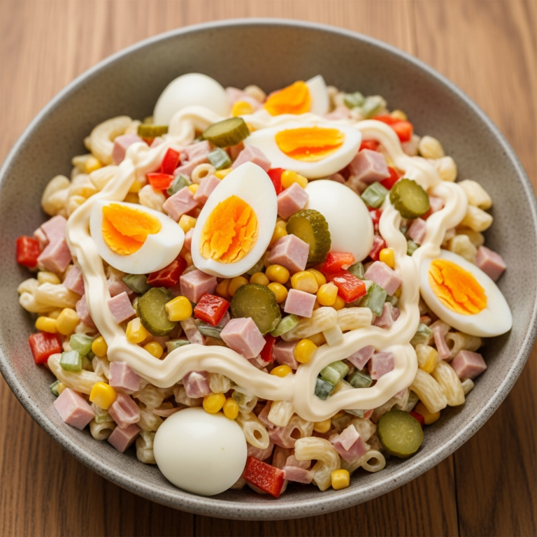 Nudelsalat mit Schinken und Ei