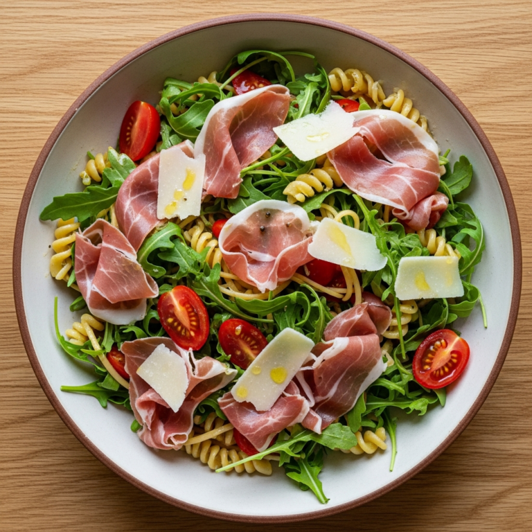 Nudelsalat mit Parmaschinken und Rucola